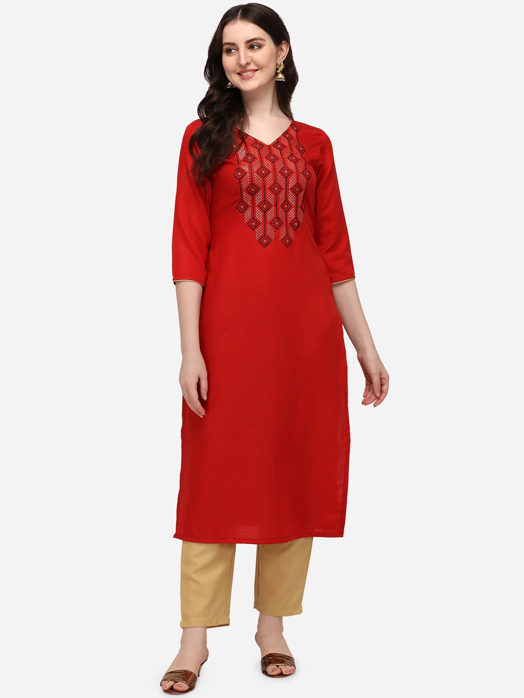 

SAADHVI Women Red Yoke Design Embroidery Regular Pure Cotton Kurta with Trousers