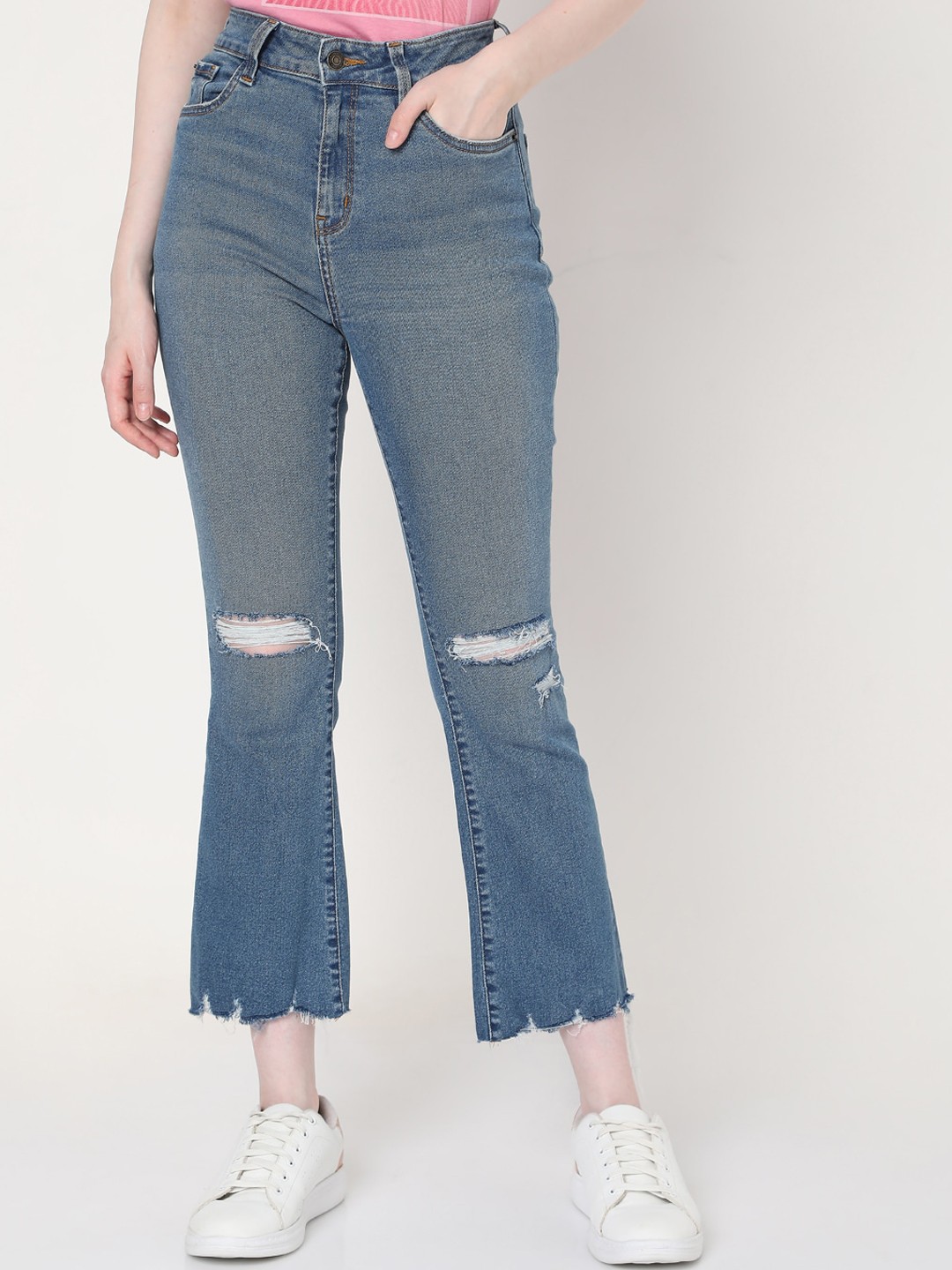 

Vero Moda Women Blue Bootcut High-Rise Slash Knee Jeans