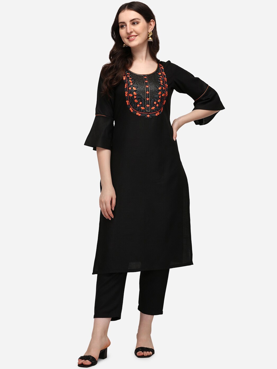 

Florence Women Black Floral Pure Cotton Kurti with Trousers