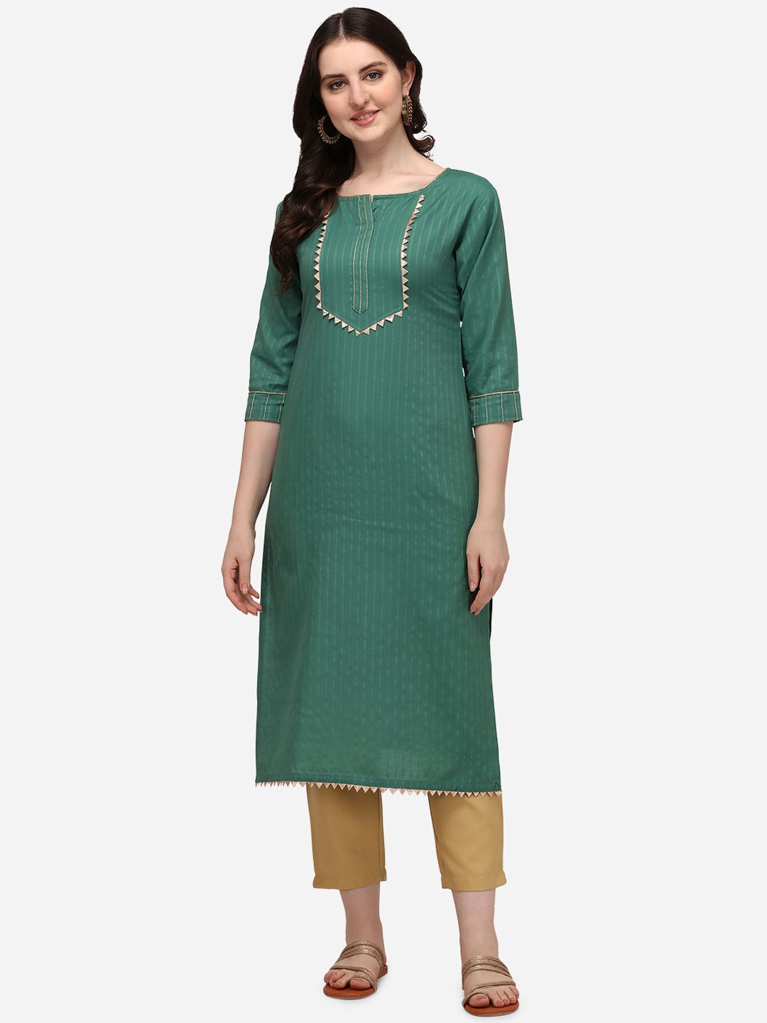

Florence Women Green Yoke Design Regular Gotta Patti Pure Cotton Kurta with Trousers