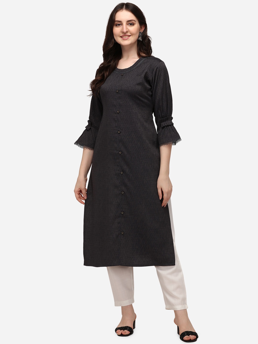 

Florence Women Black & Off-White Self Design Jacquard Regular Kurta with Trousers