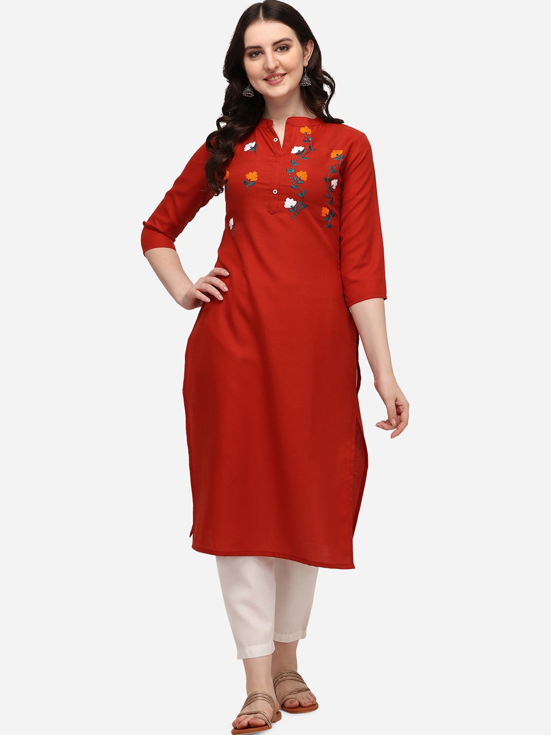 

Florence Women Red Regular Thread Work Pure Cotton Kurti with Trousers
