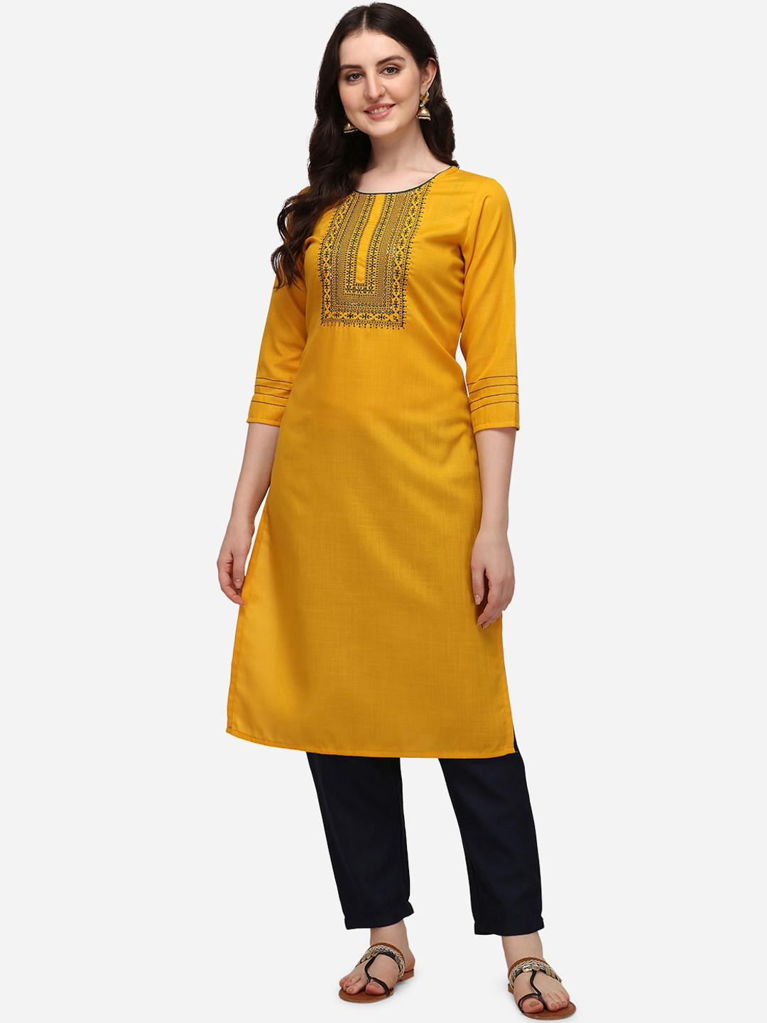 

SAADHVI Women Yellow Ethnic Motifs Yoke Design Kurta