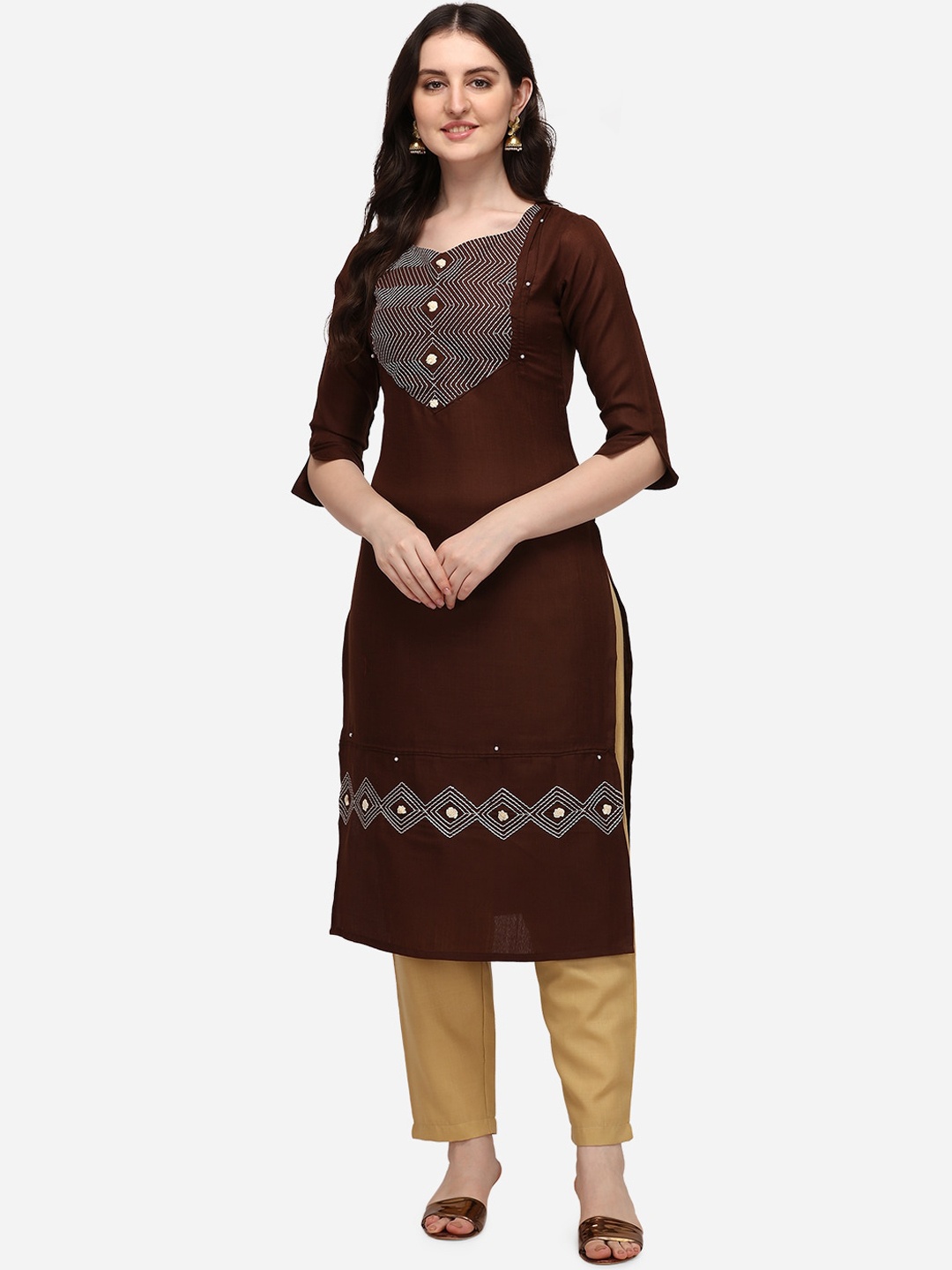 

SAADHVI Women Brown Geometric Embroidered Cotton Kurta