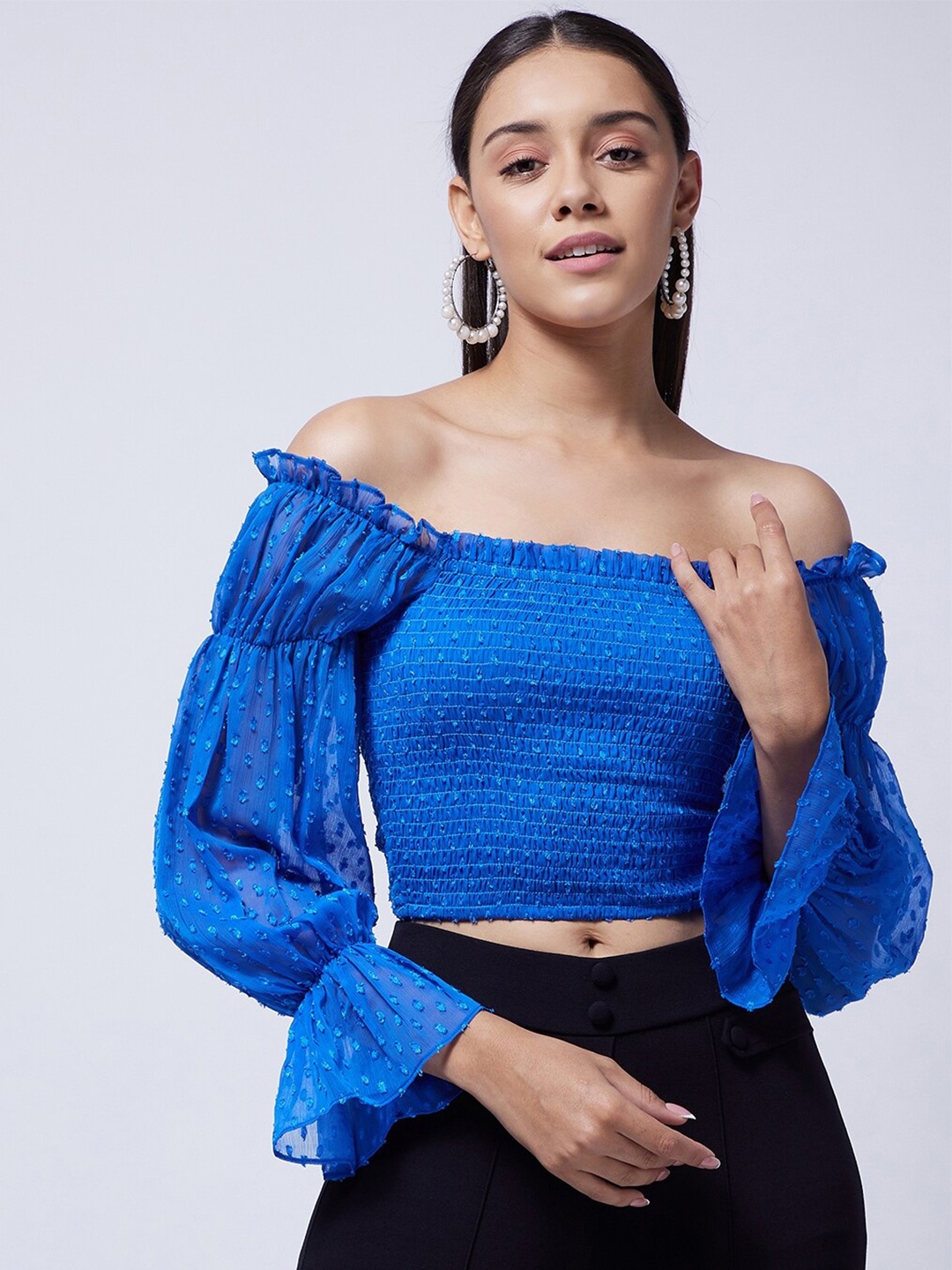 

MAGRE Blue Off-Shoulder Chiffon Bardot Crop Top