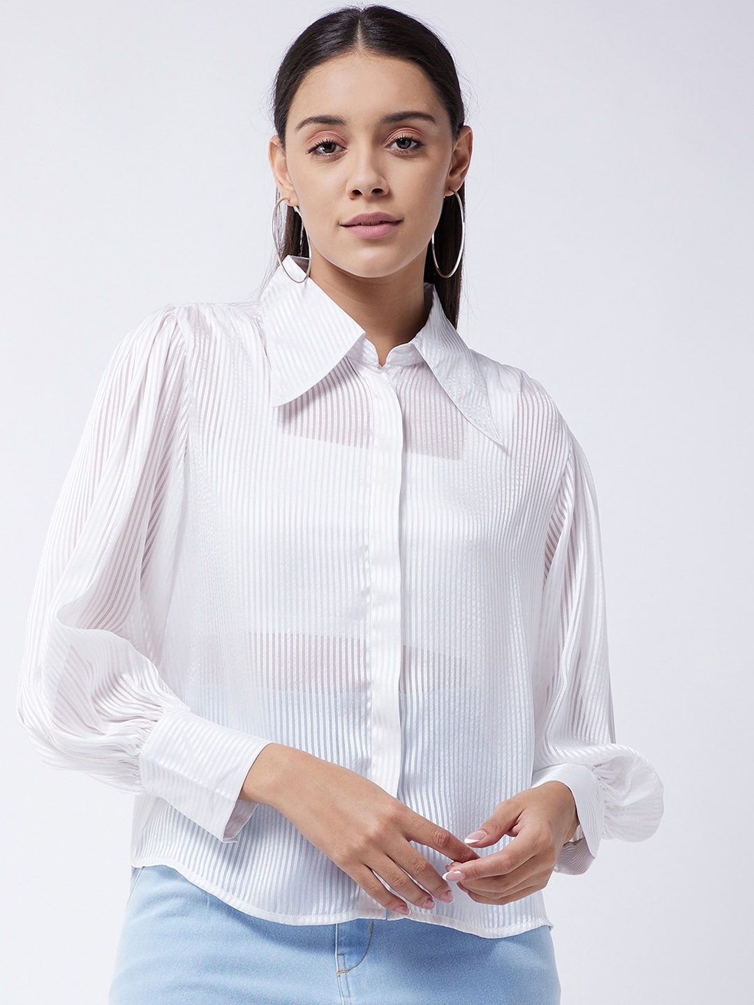 

MAGRE Women White Opaque Striped Casual Shirt