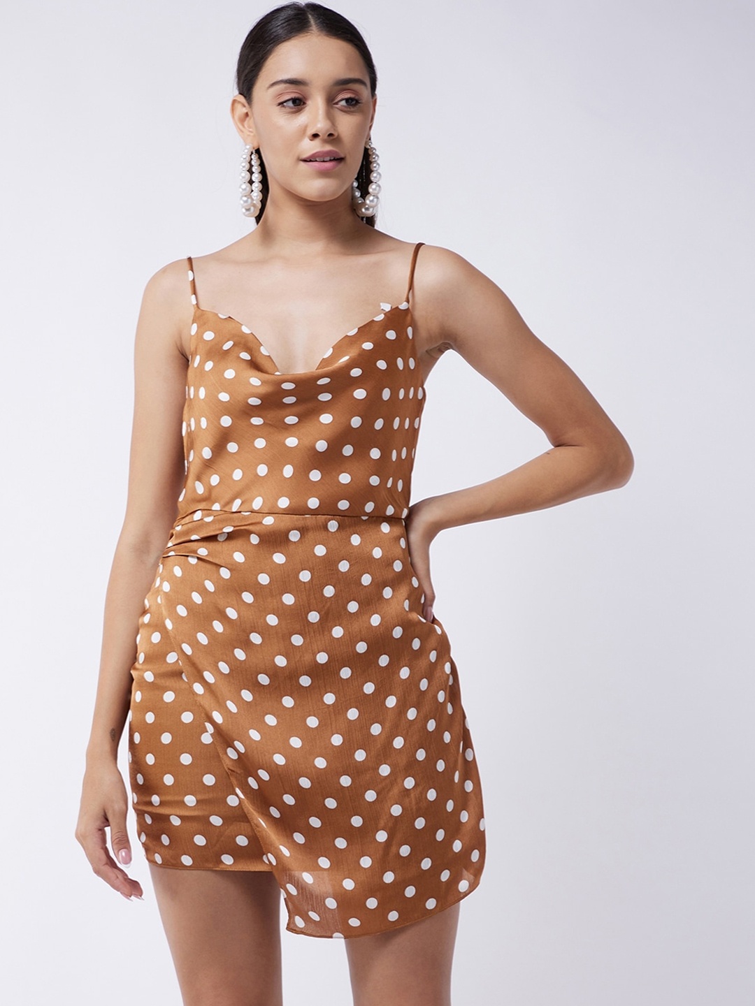 

MAGRE Brown Polka Dot Printed Georgette Wrap Mini Dress