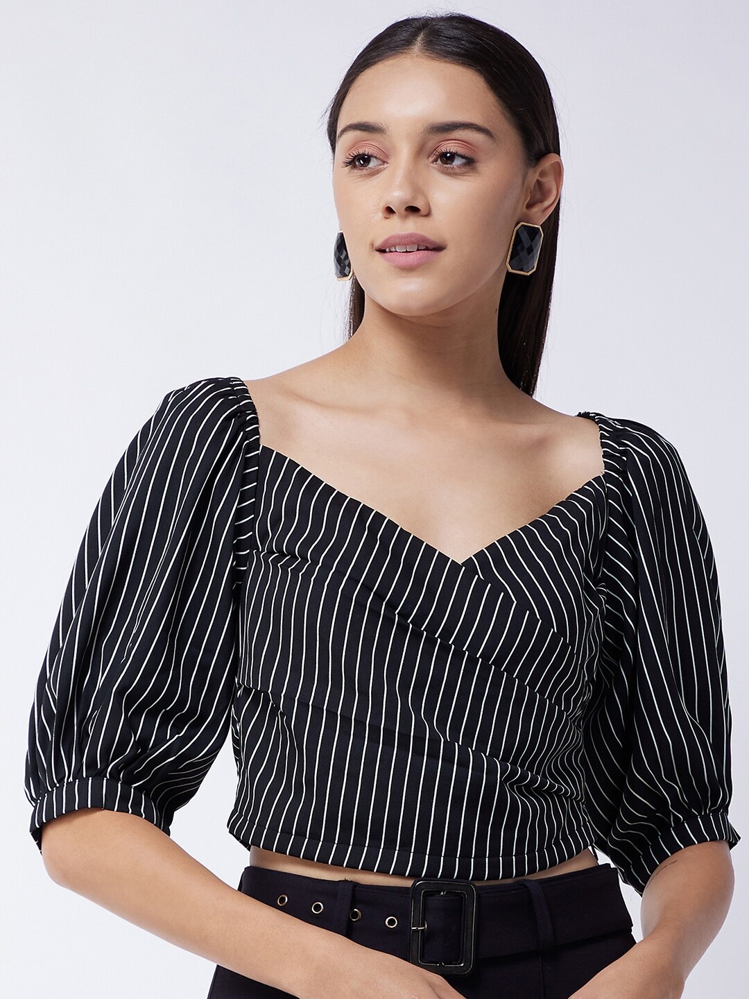 

MAGRE Black Striped Sweetheart Neck Georgette Wrap Crop Top
