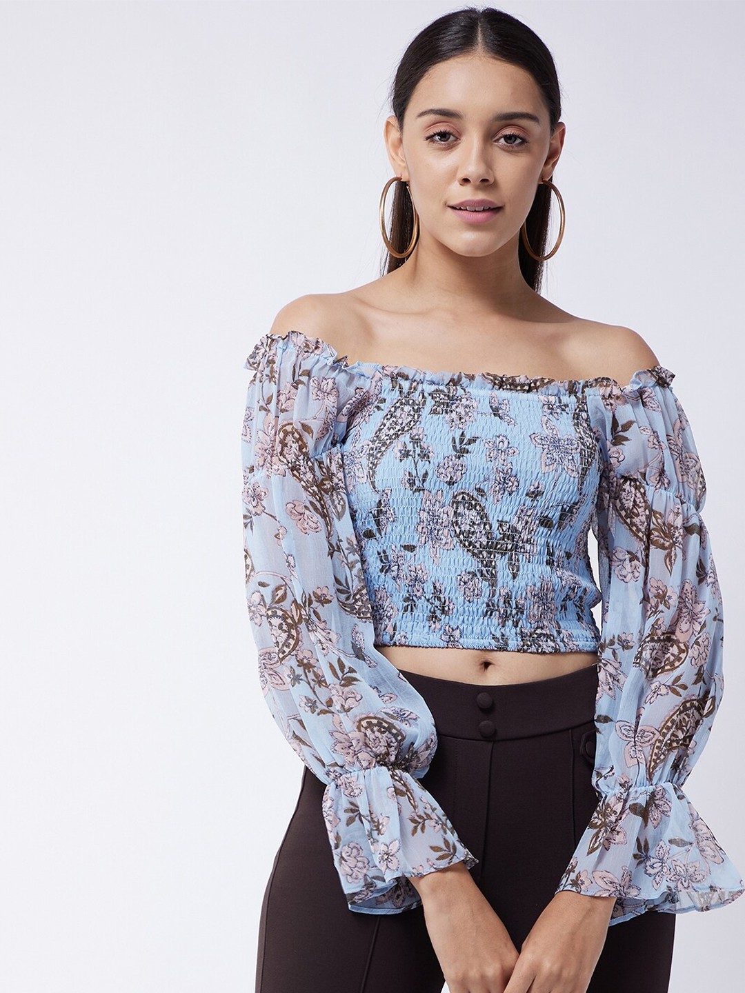 

MAGRE Blue Floral Off-Shoulder Chiffon Bardot Crop Top