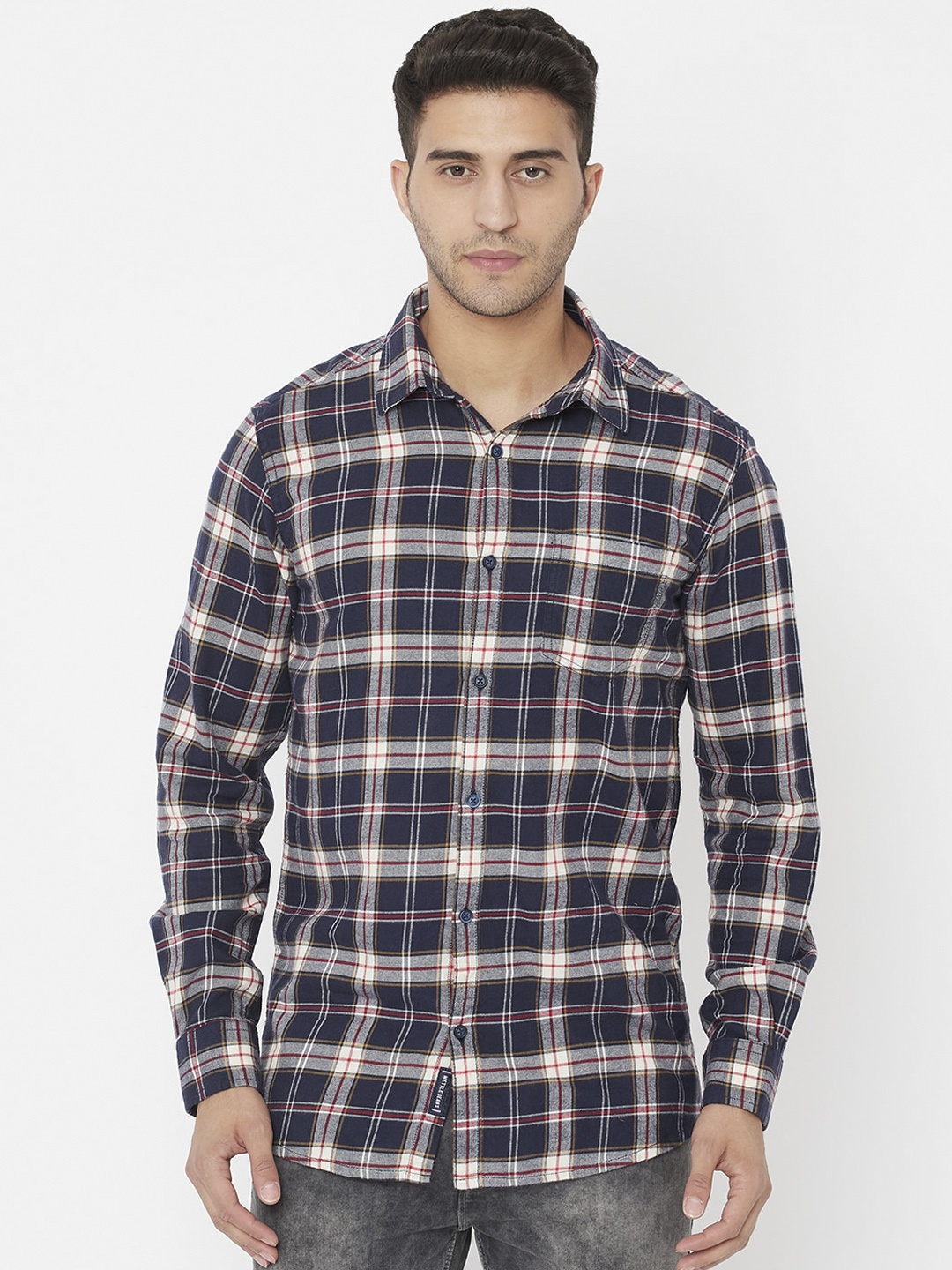 

METTLE Men Navy Blue Tartan Checks Opaque Checked Casual Shirt