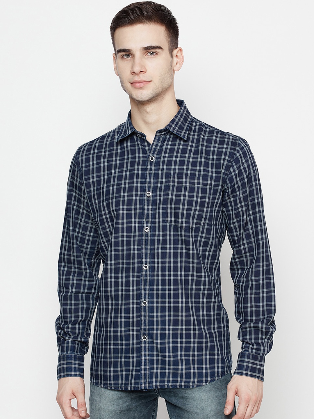 

METTLE Men Blue & White Tartan Checks Opaque Cotton Casual Shirt