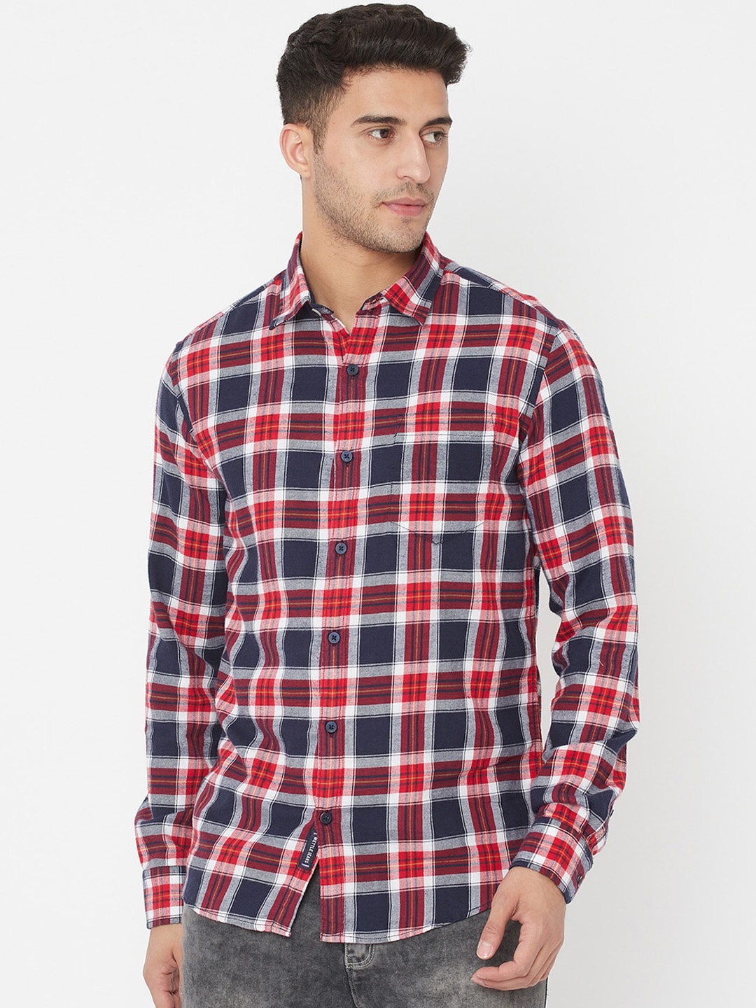 

METTLE Men Cotton Red & Navy Blue Tartan Checked Casual Shirt