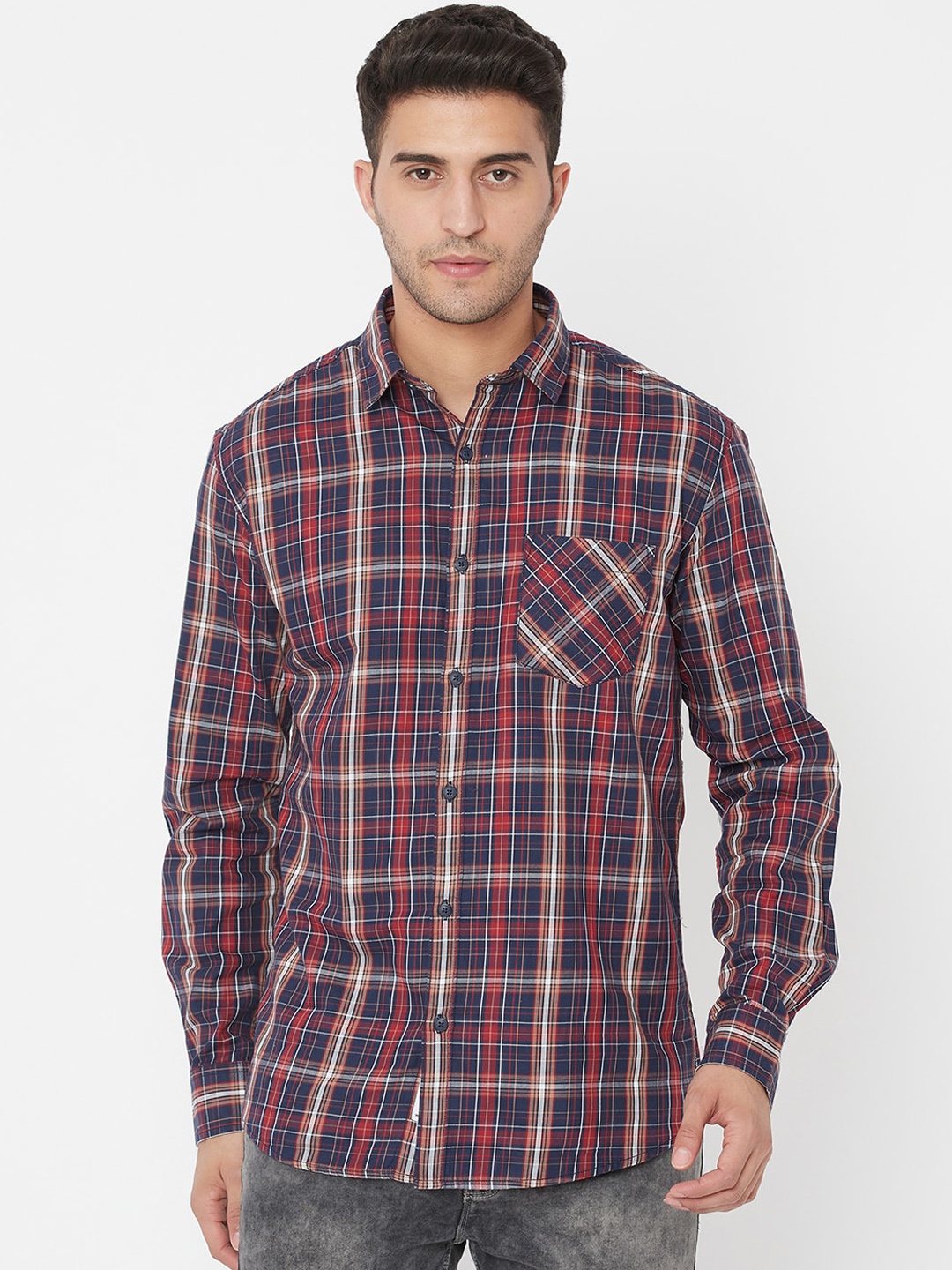 

METTLE Men Maroon Tartan Checks Opaque Checked Casual Shirt