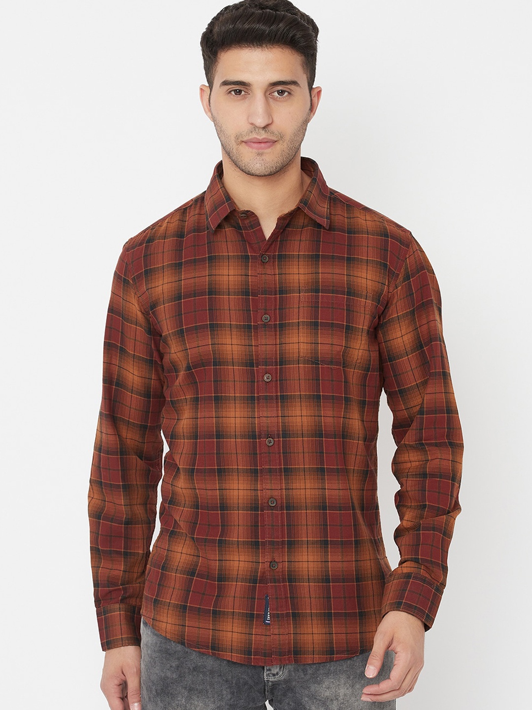 

METTLE Men Orange Tartan Checks Opaque Checked Casual Shirt