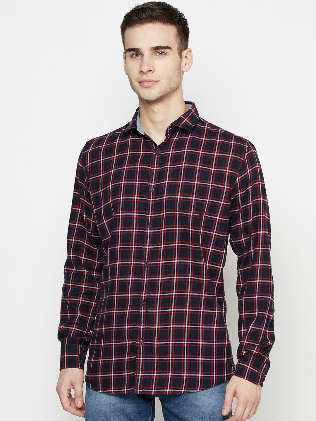 

METTLE Men Cotton Red & Navy Blue Buffalo Checked Casual Shirt