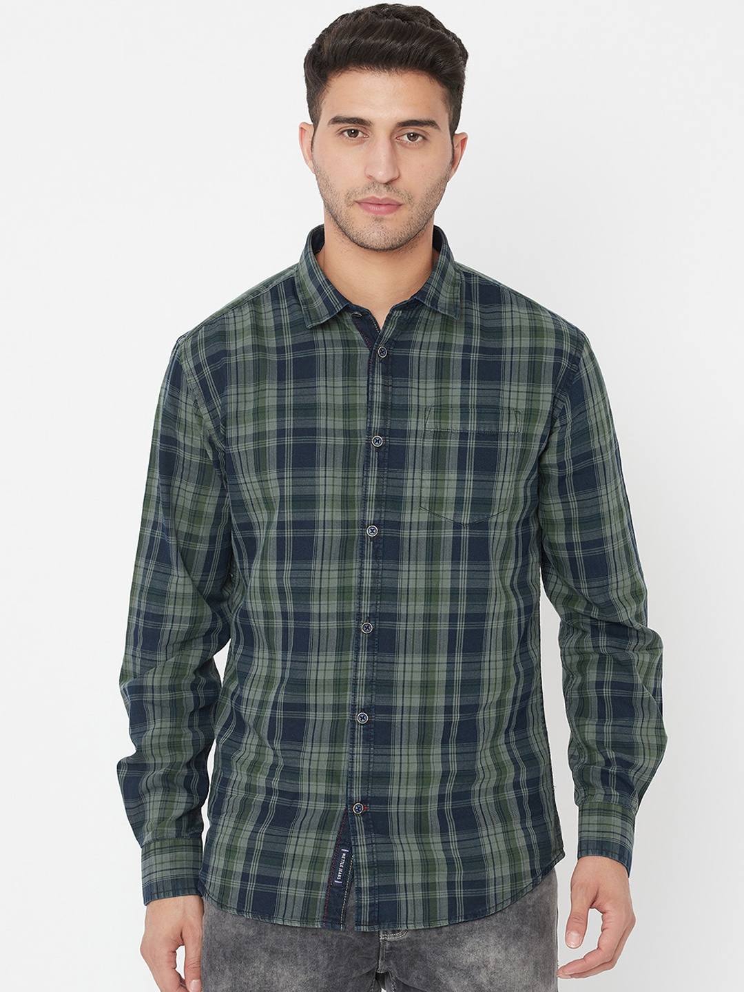 

METTLE Men Olive Green Tartan Checks Opaque Checked Casual Shirt