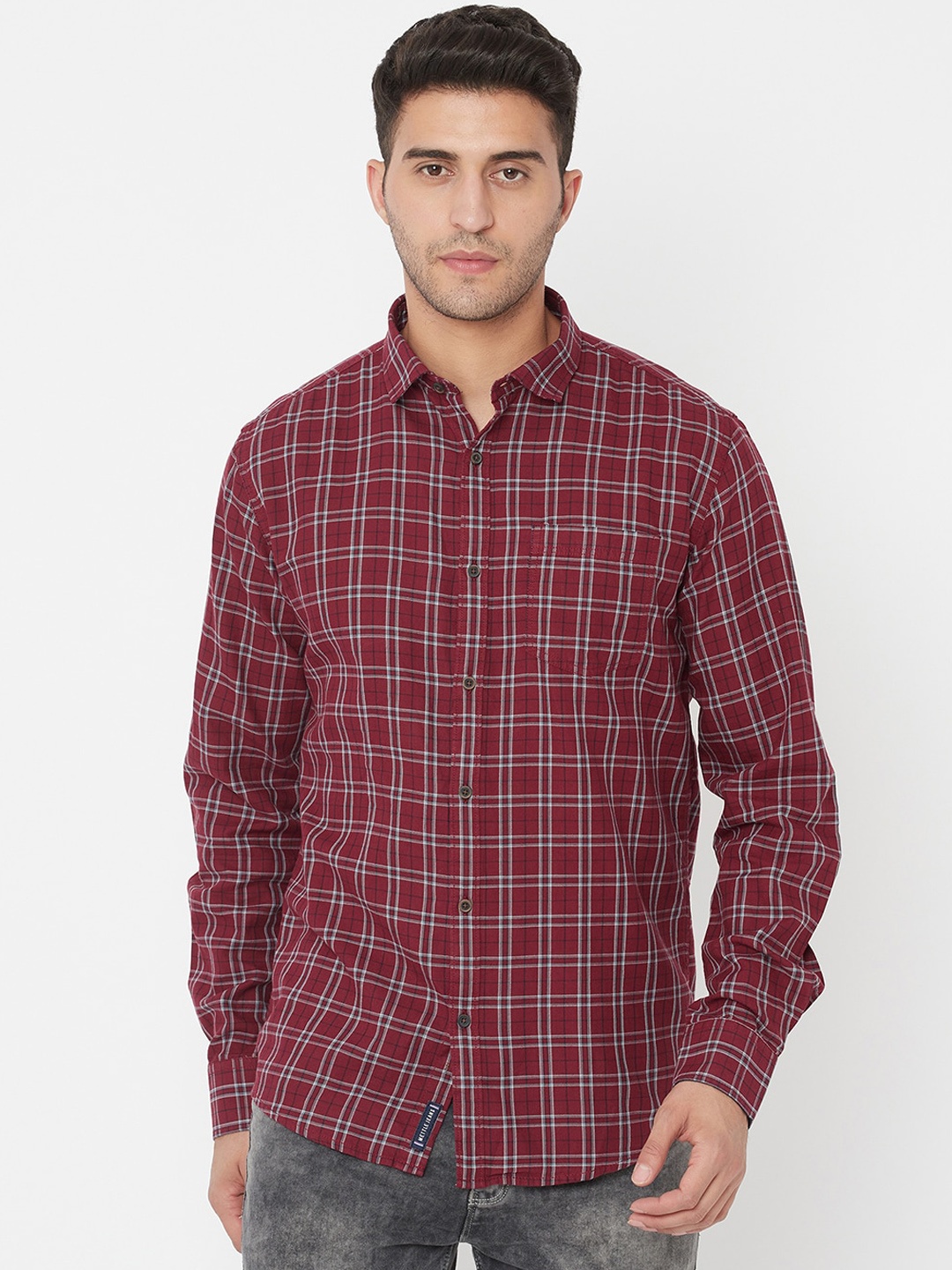 

METTLE Men Maroon & White Tartan Checks Opaque Cotton Casual Shirt