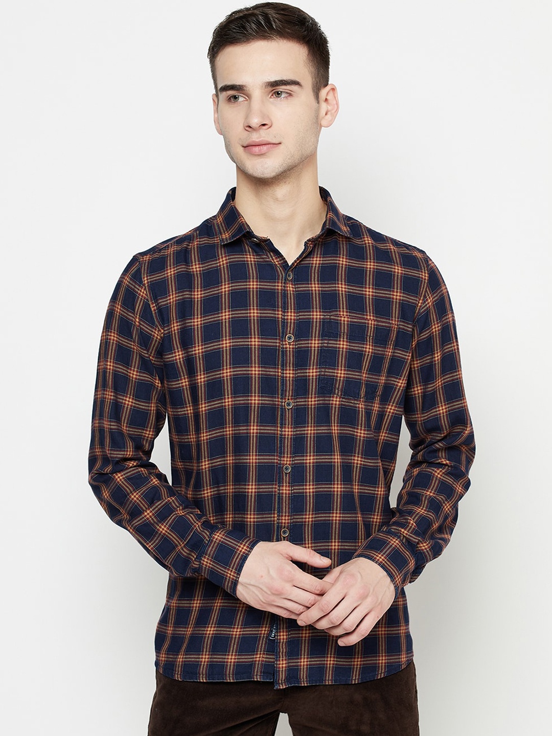 

METTLE Men Cotton Rust & Navy Blue Windowpane Checked Casual Shirt