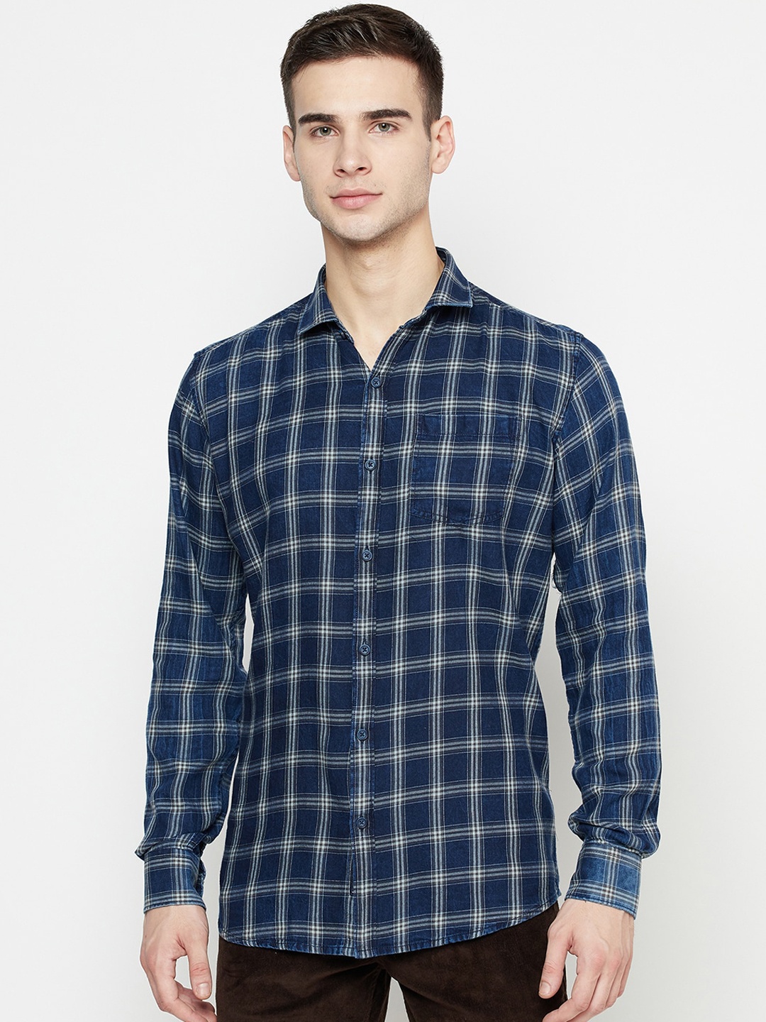 

METTLE Men Blue Opaque Checked Casual Shirt