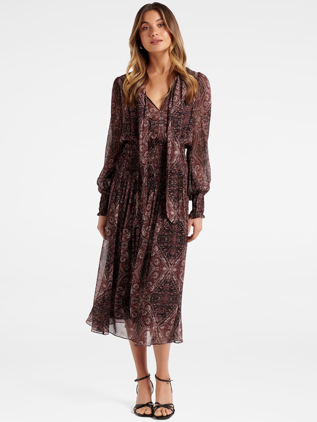 

Forever New Pink & Black Ethnic Motifs A-Line Midi Dress
