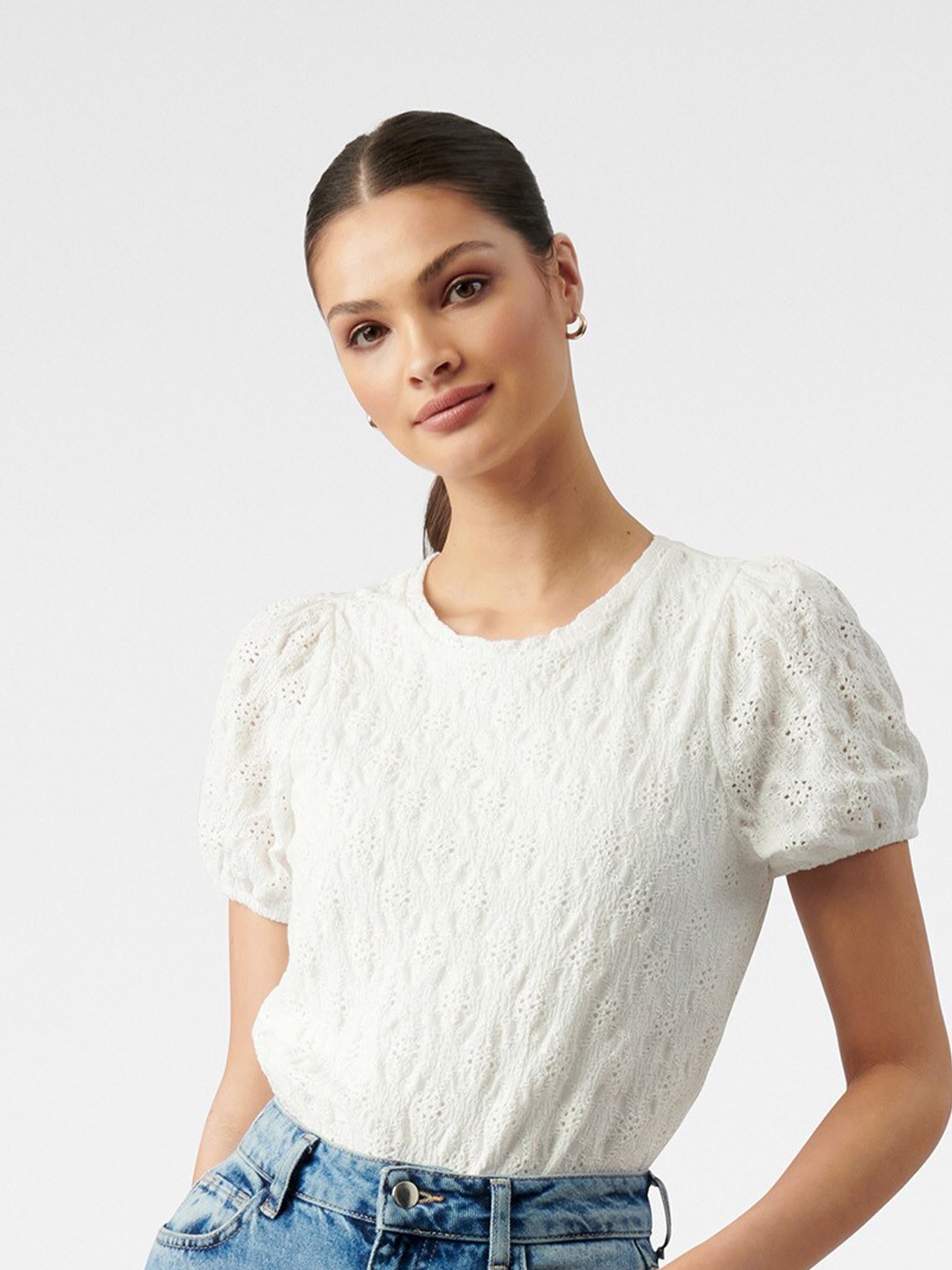 

Forever New White Self Design Puff Sleeve Regular Top