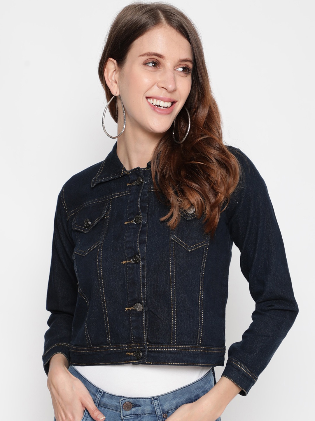 

AKIMIA Women Black Washed Crop Denim Jacket