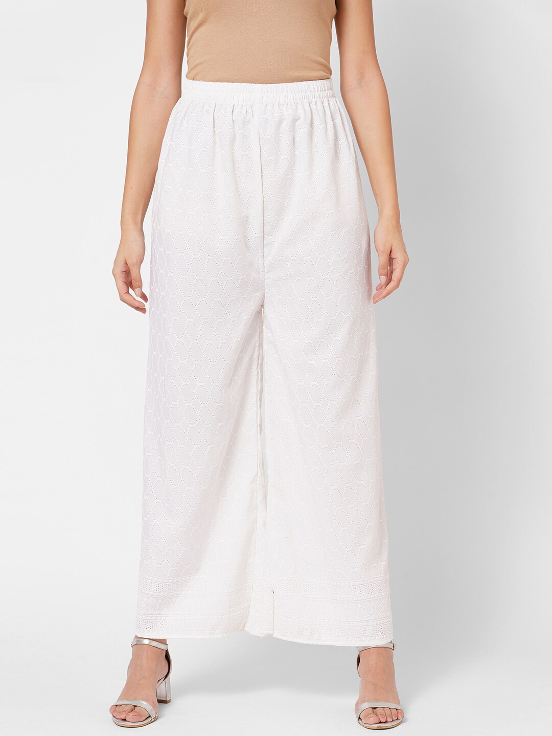 

RedRound Women White Cotton Chikankari Straight Palazzos