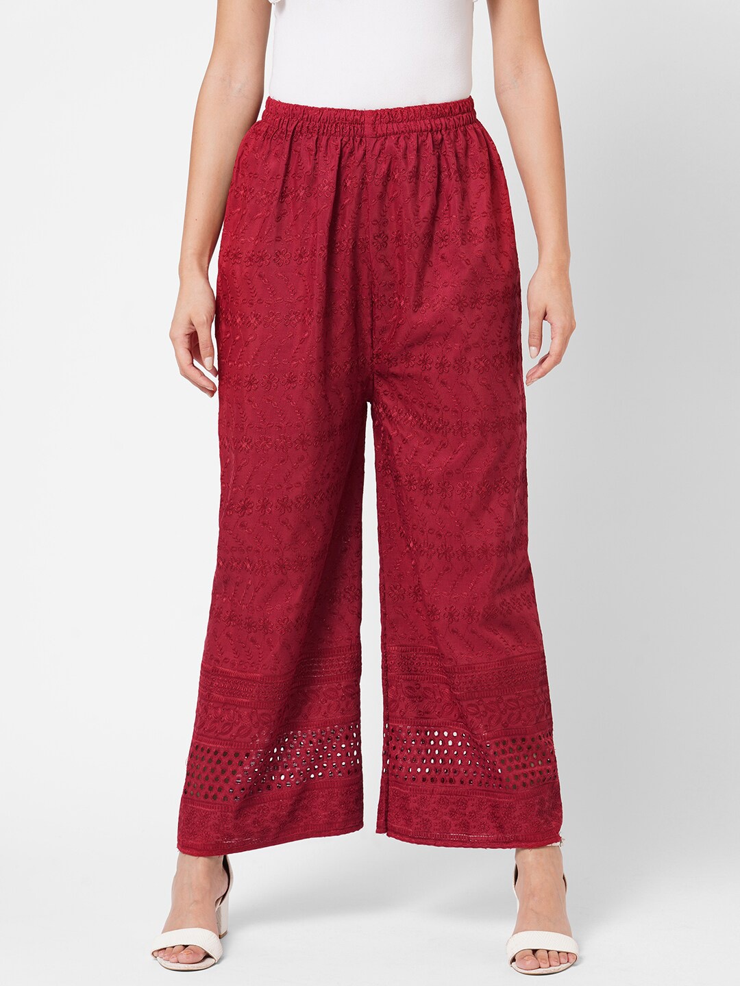 

RedRound Women Red Ethnic Motifs Embroidered Flared Ethnic Palazzos