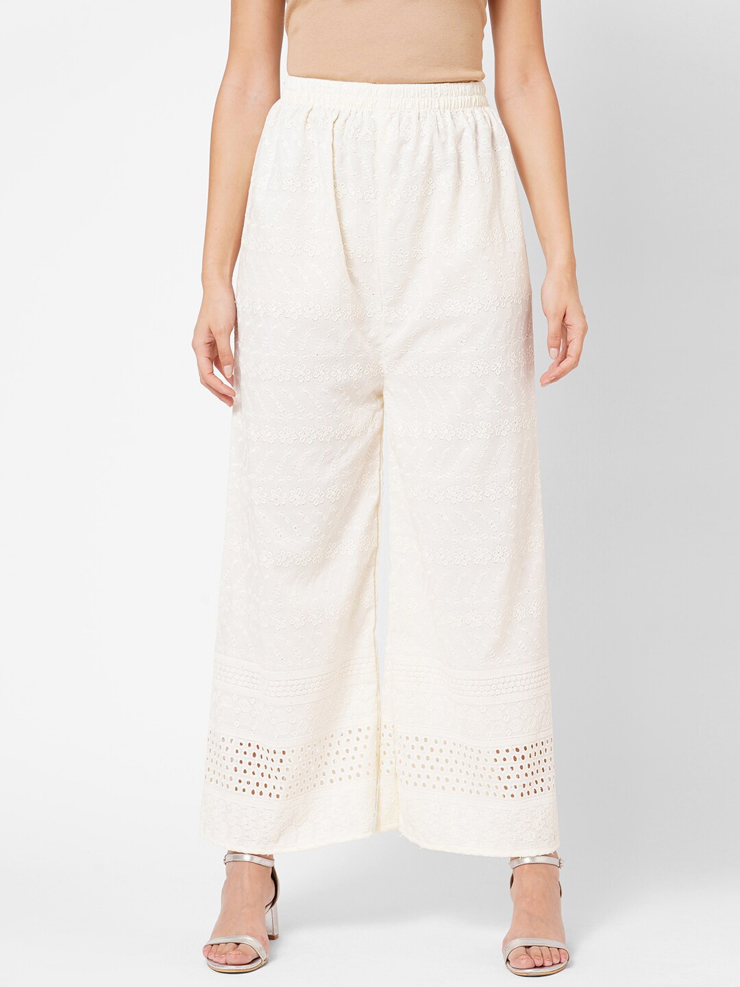 

RedRound Women Cream Ethnic Motifs Embroidered Flared Ethnic Palazzos