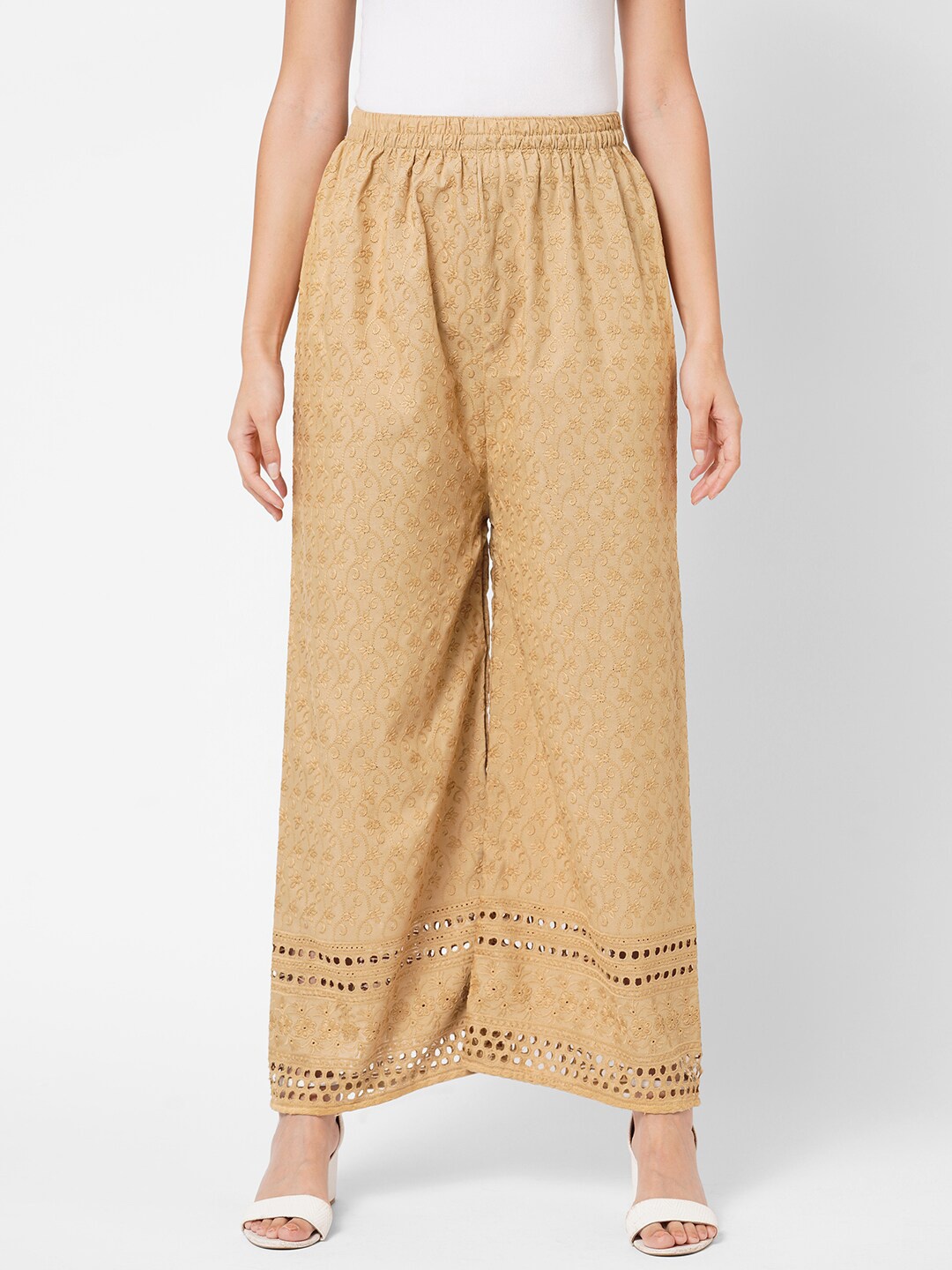 

RedRound Women Beige Ethnic Motifs Embroidered Flared Ethnic Palazzos