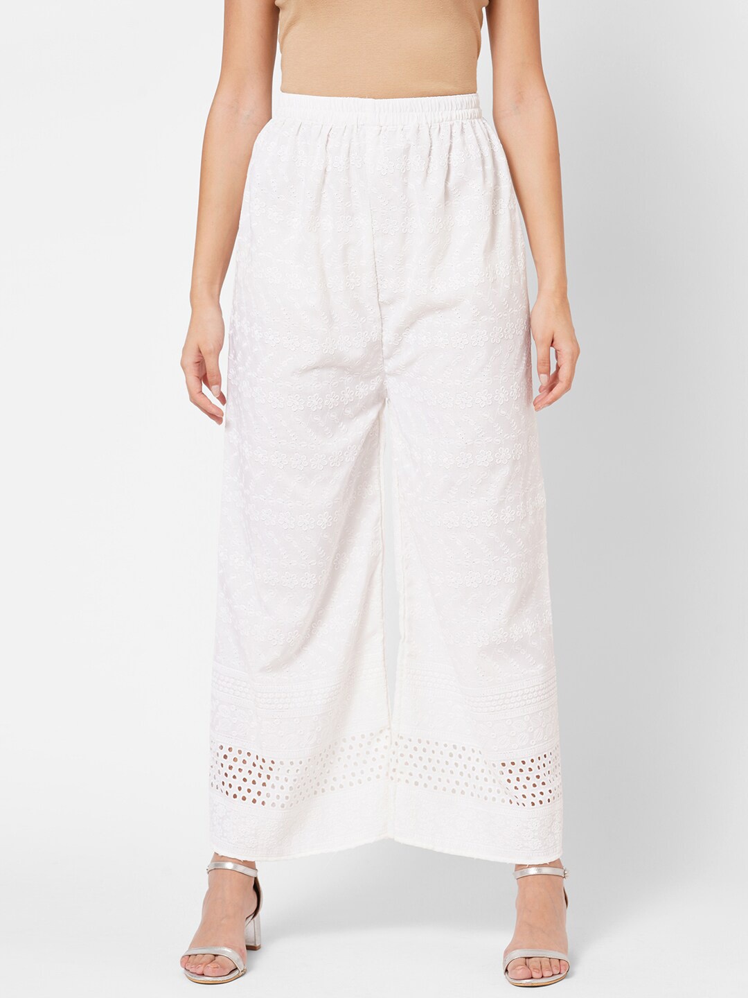 

RedRound Women White Cotton Ethnic Motifs Embroidered Flared Ethnic Palazzos