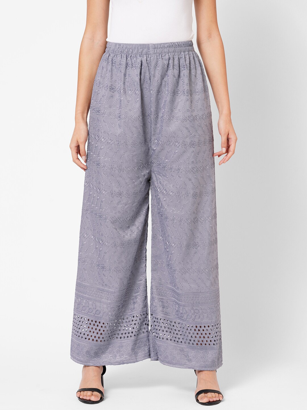 

RedRound Women Grey Cotton Chikankari Straight Palazzos