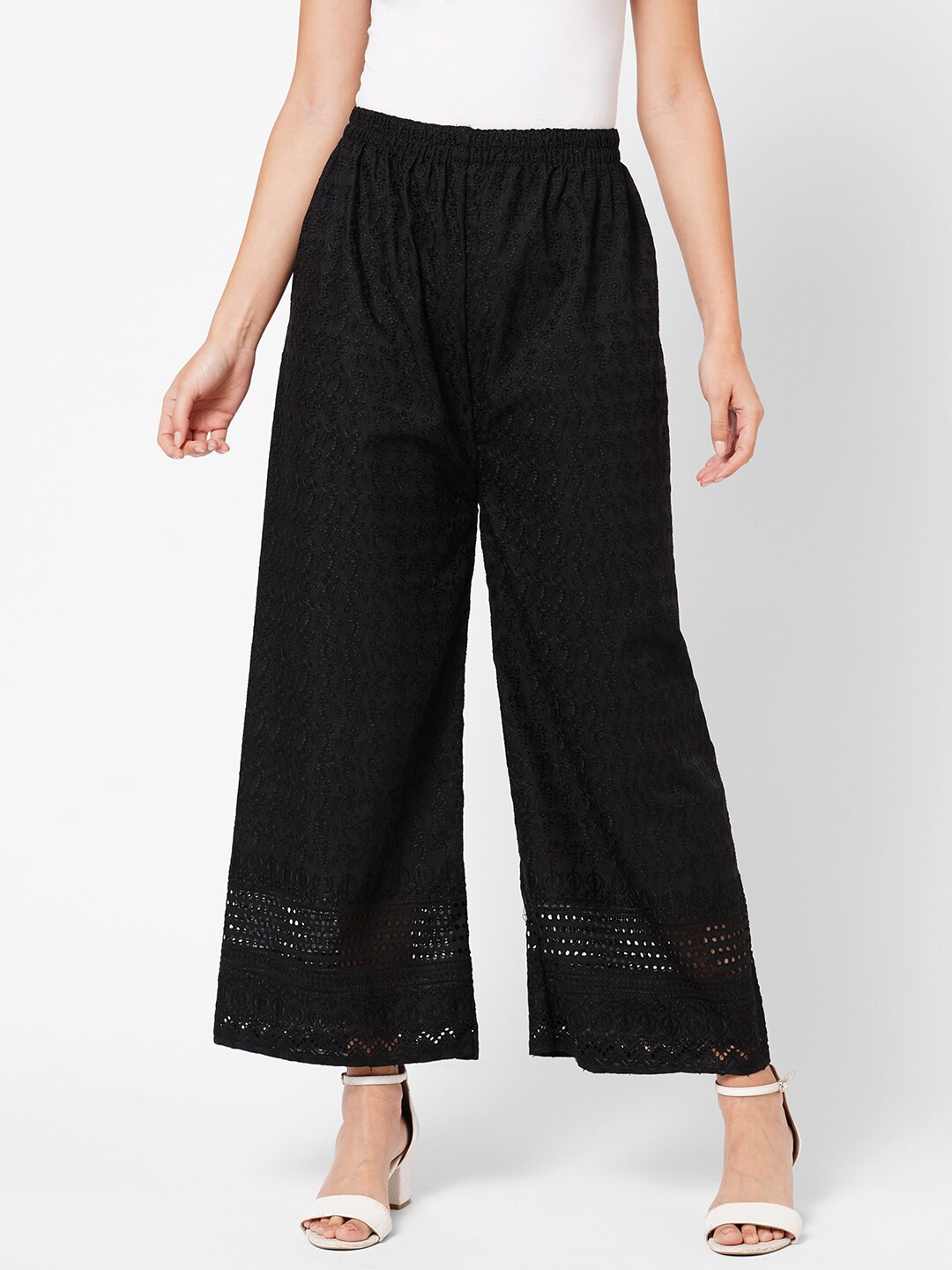 

RedRound Women Black Chikankari Embroidered Cotton Straight Palazzos