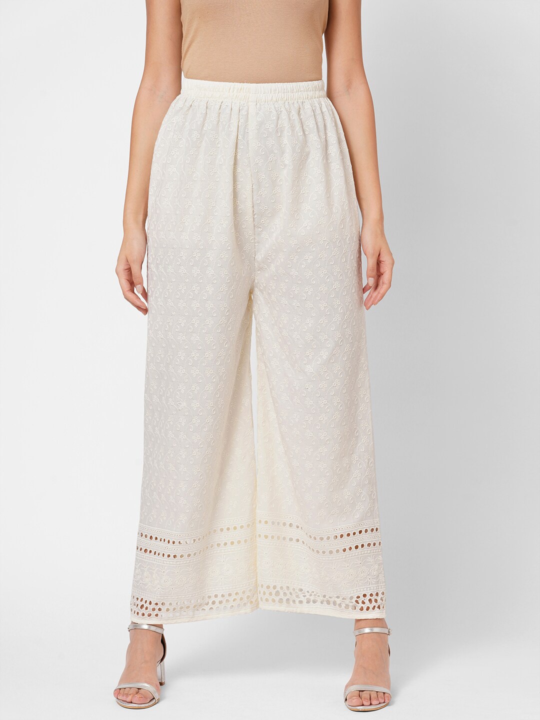 

RedRound Women Cream-Coloured Chikankari Embroidered Palazzo