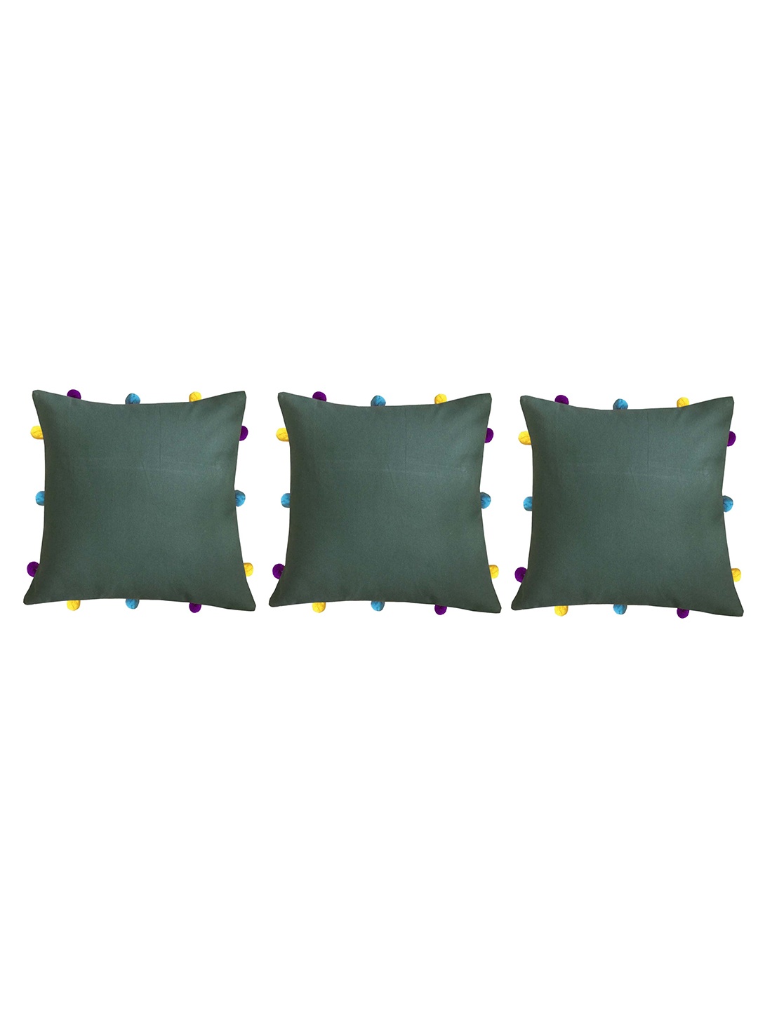 

Lushomes Green & Yellow 3 Pieces Pom Pom Detail Cotton Square Cushion Covers