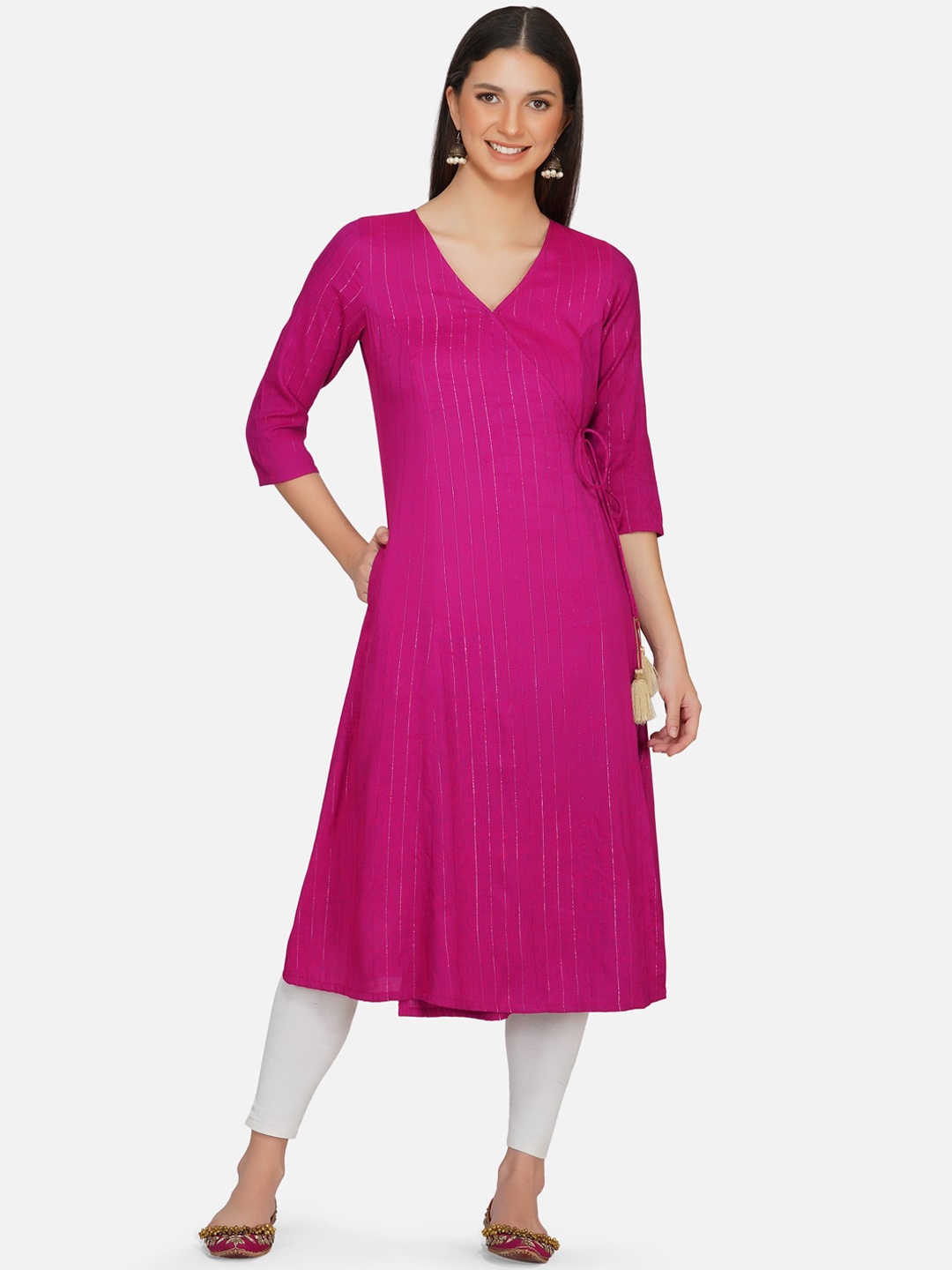 

FABNEST Women Pink & Silver-Toned Striped Thread Work Anarkali Kurta