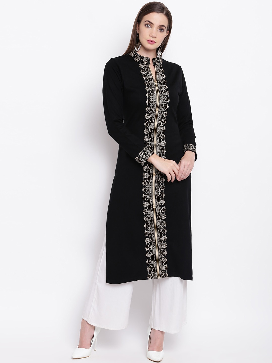 

FABNEST Women Black Geometric Embroidered Kurta