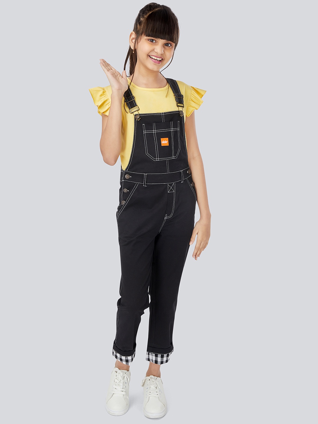 

Olele Girls Black Solid Cotton Twill Straight-Leg Denim Dungaree