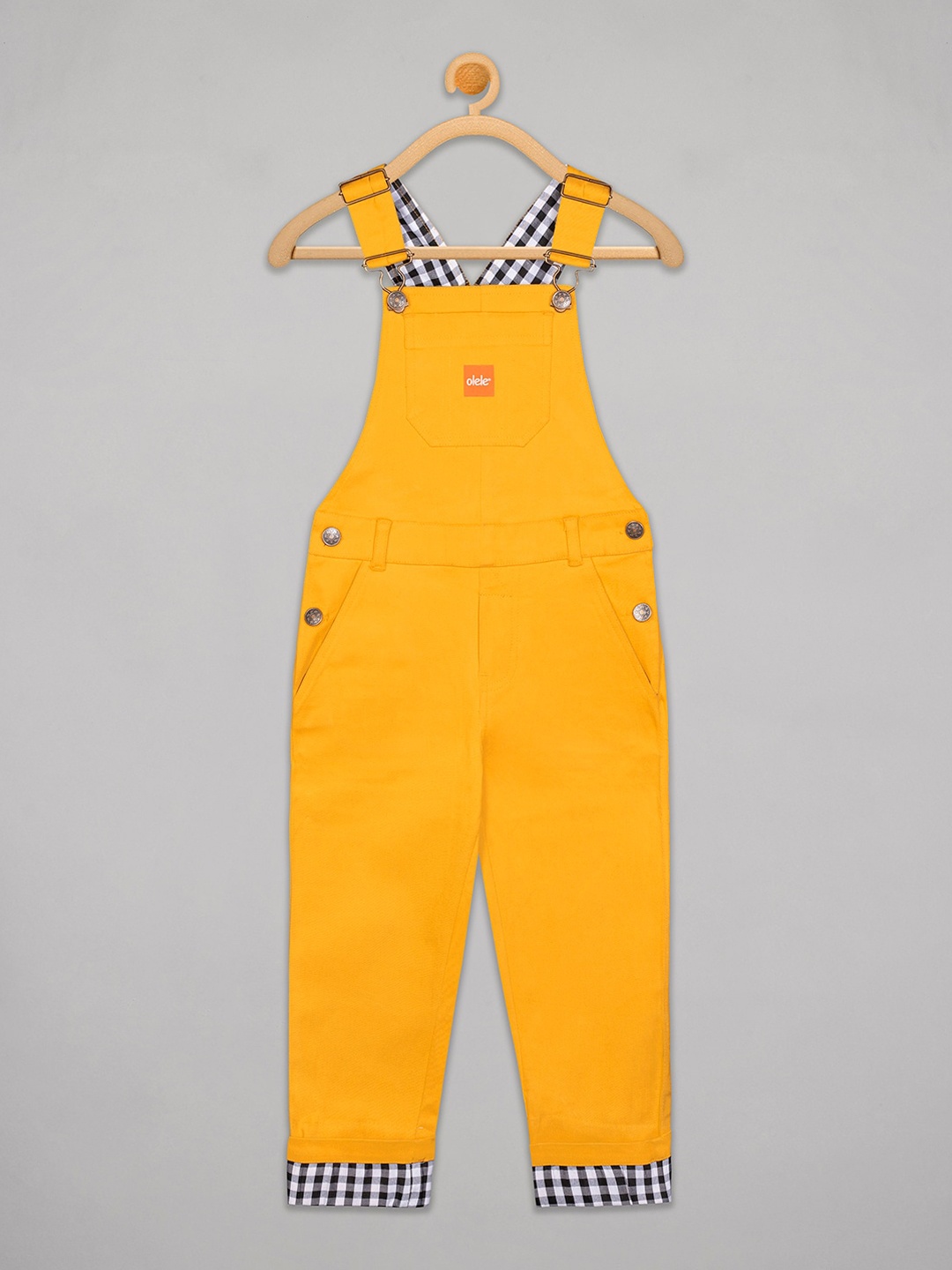 

Olele Girls Yellow Cotton Twill Straight-Leg Denim Dungaree With Contrast Hemfold Design