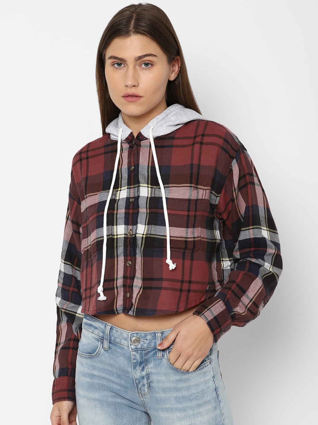 

AMERICAN EAGLE OUTFITTERS Women Red Opaque Tartan Checked Crop Casual Shirt