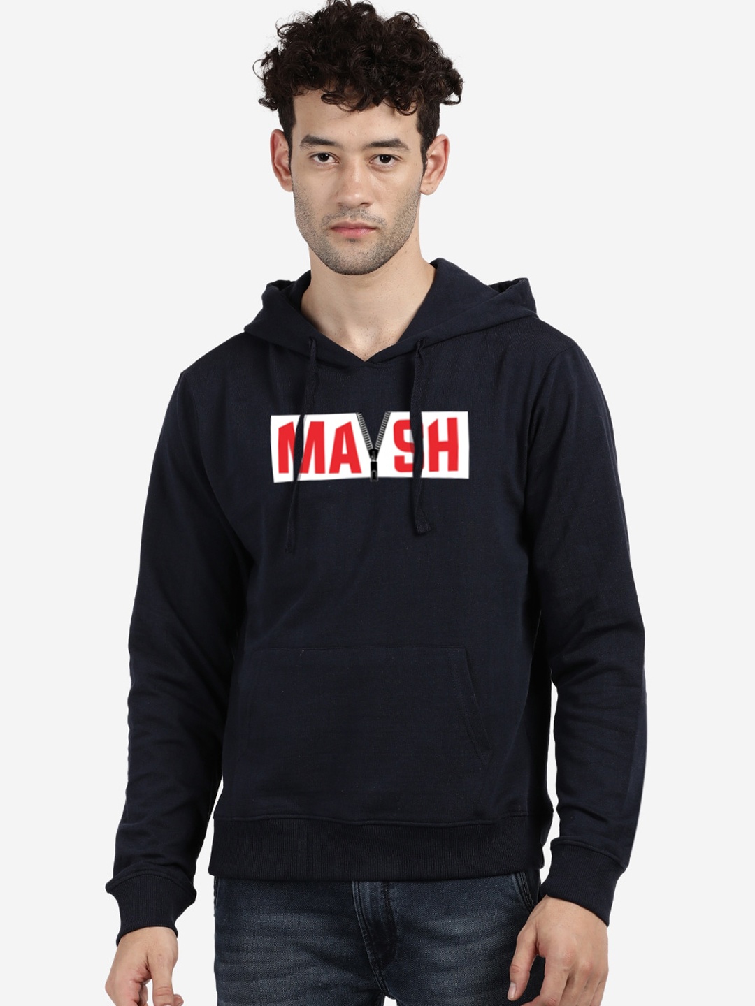 

MASH UNLIMITED Men Navy Blue Printed Hooded Cotton Sweatshirt
