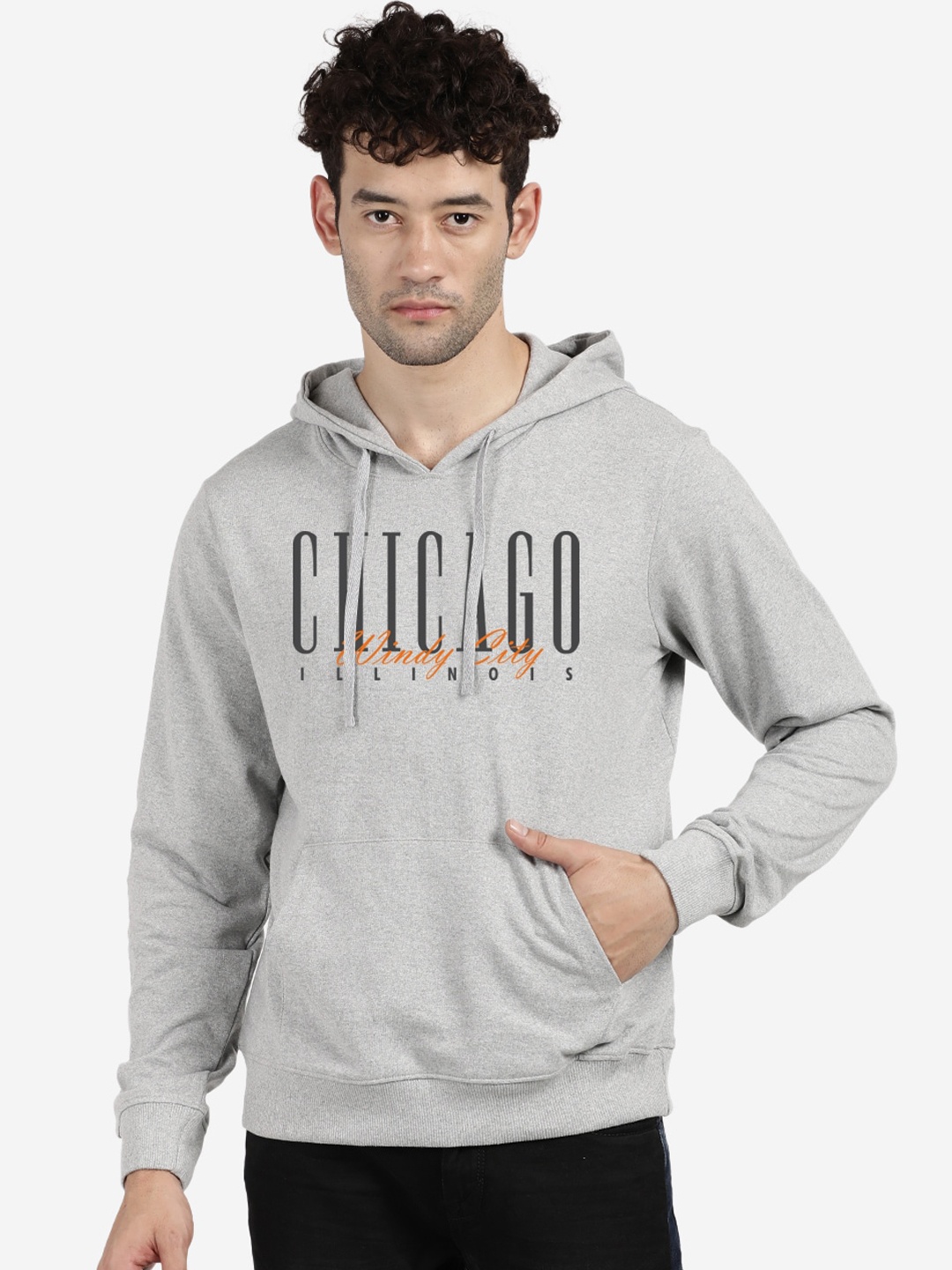 

MASH UNLIMITED Men Grey Printed Hooded Cotton Sweatshirt