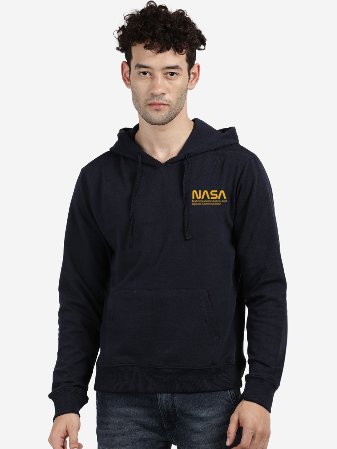 

MASH UNLIMITED Men Navy Blue NASA Printed Hooded Cotton Sweatshirt