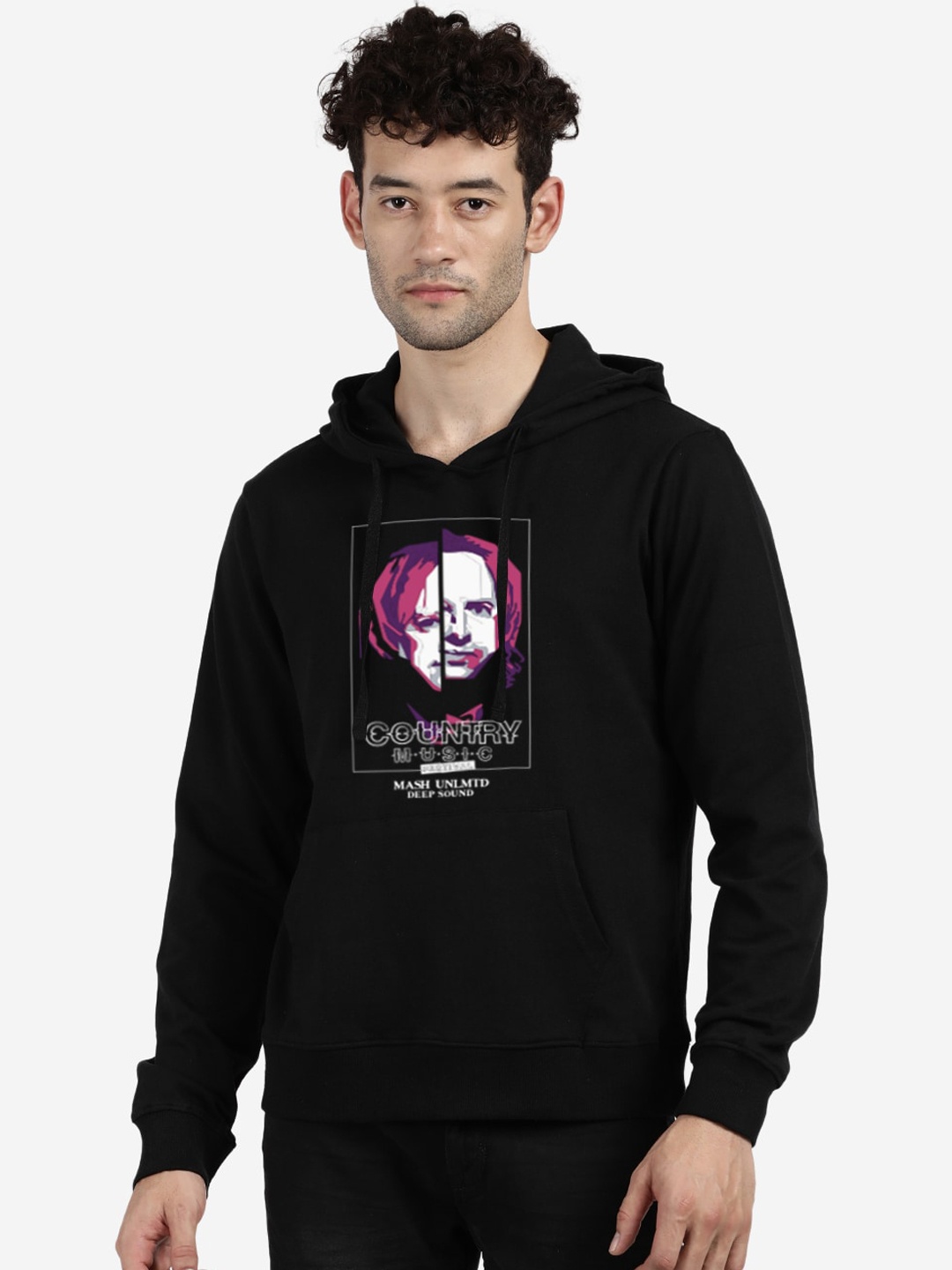 

MASH UNLIMITED Men Black Printed Hooded Cotton Sweatshirt