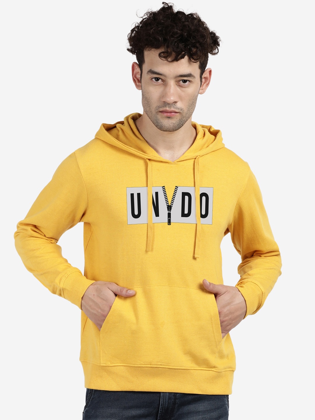 

MASH UNLIMITED Men Yellow Printed Hooded Sweatshirt