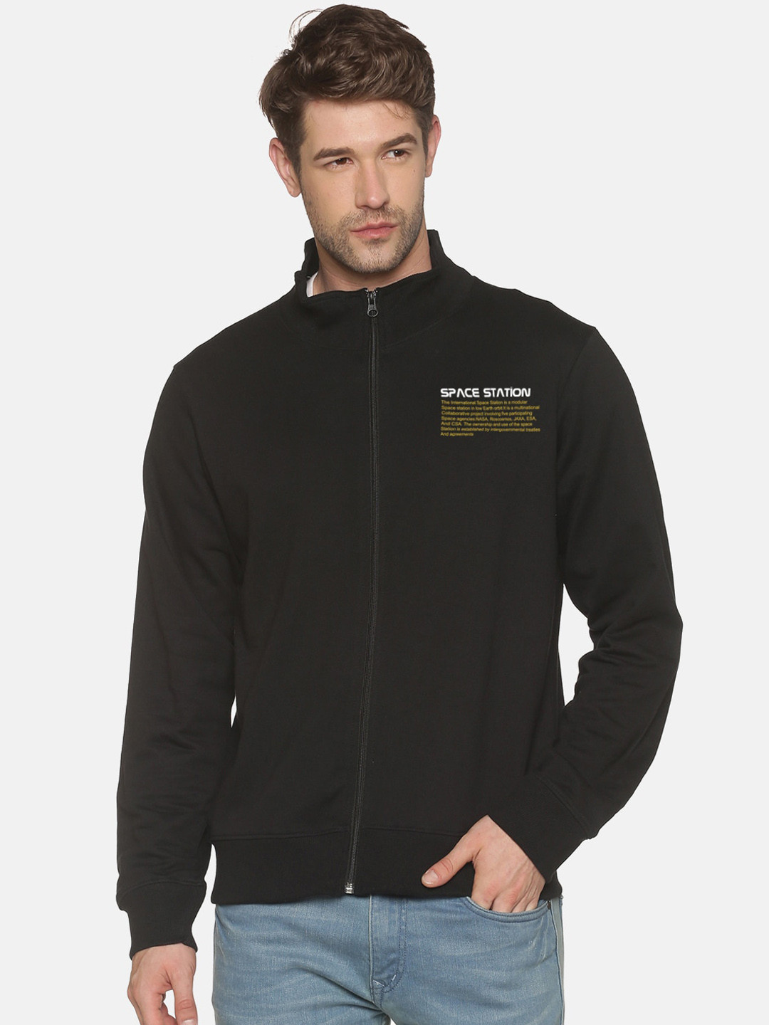 

MASH UNLIMITED Men Black Printed Front Open Sweatshirt