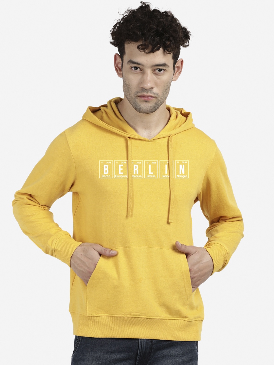 

MASH UNLIMITED Men Yellow Printed Hooded Cotton Sweatshirt