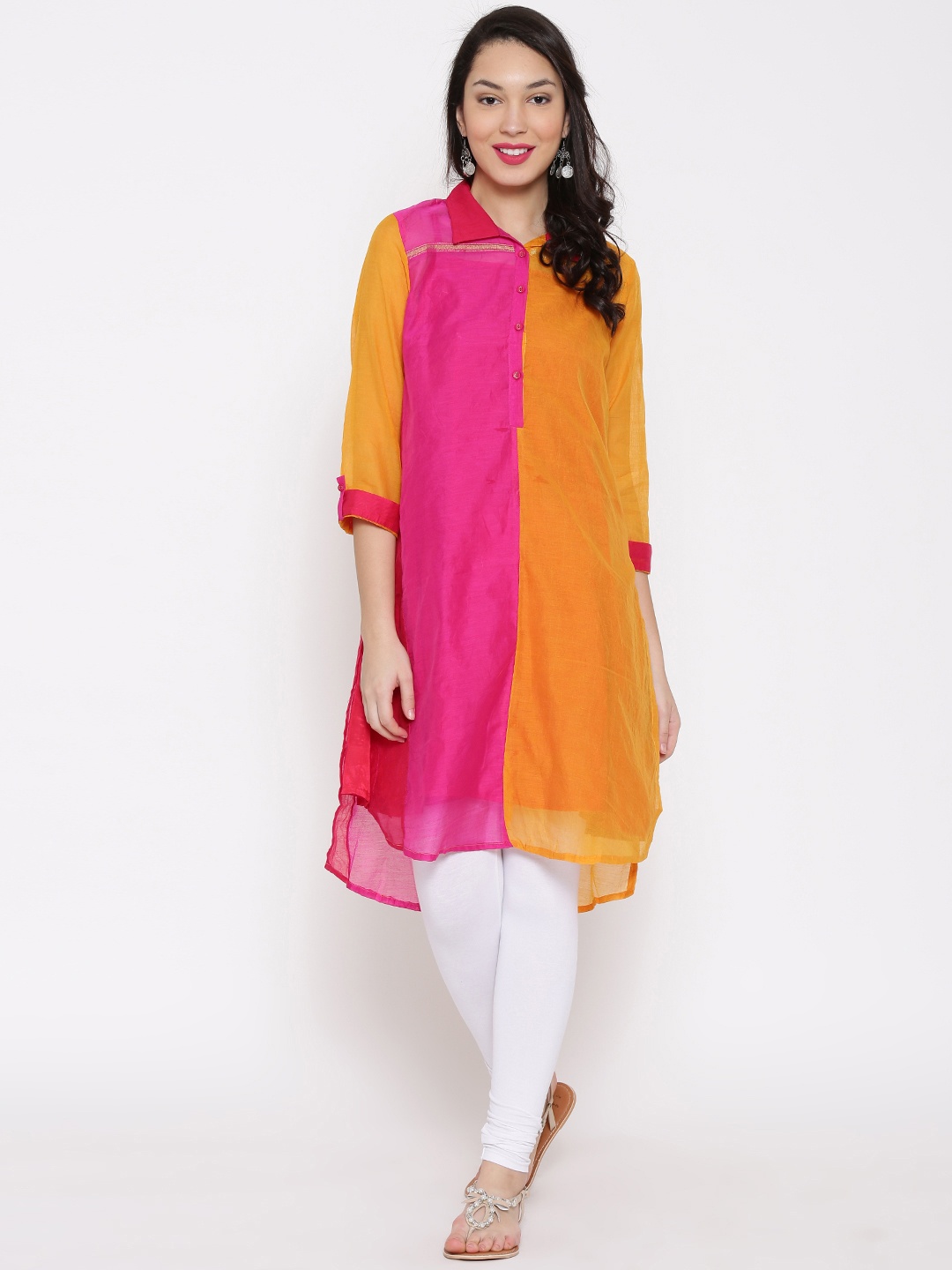 

Biba Women Pink & Mustard Yellow Colourblocked Layered Straight Kurta