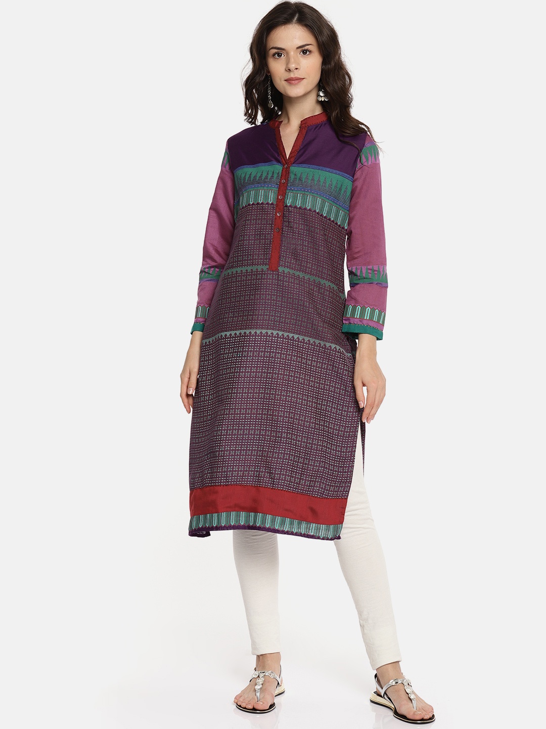 

Biba Women Purple & Green Printed Straight Kurta