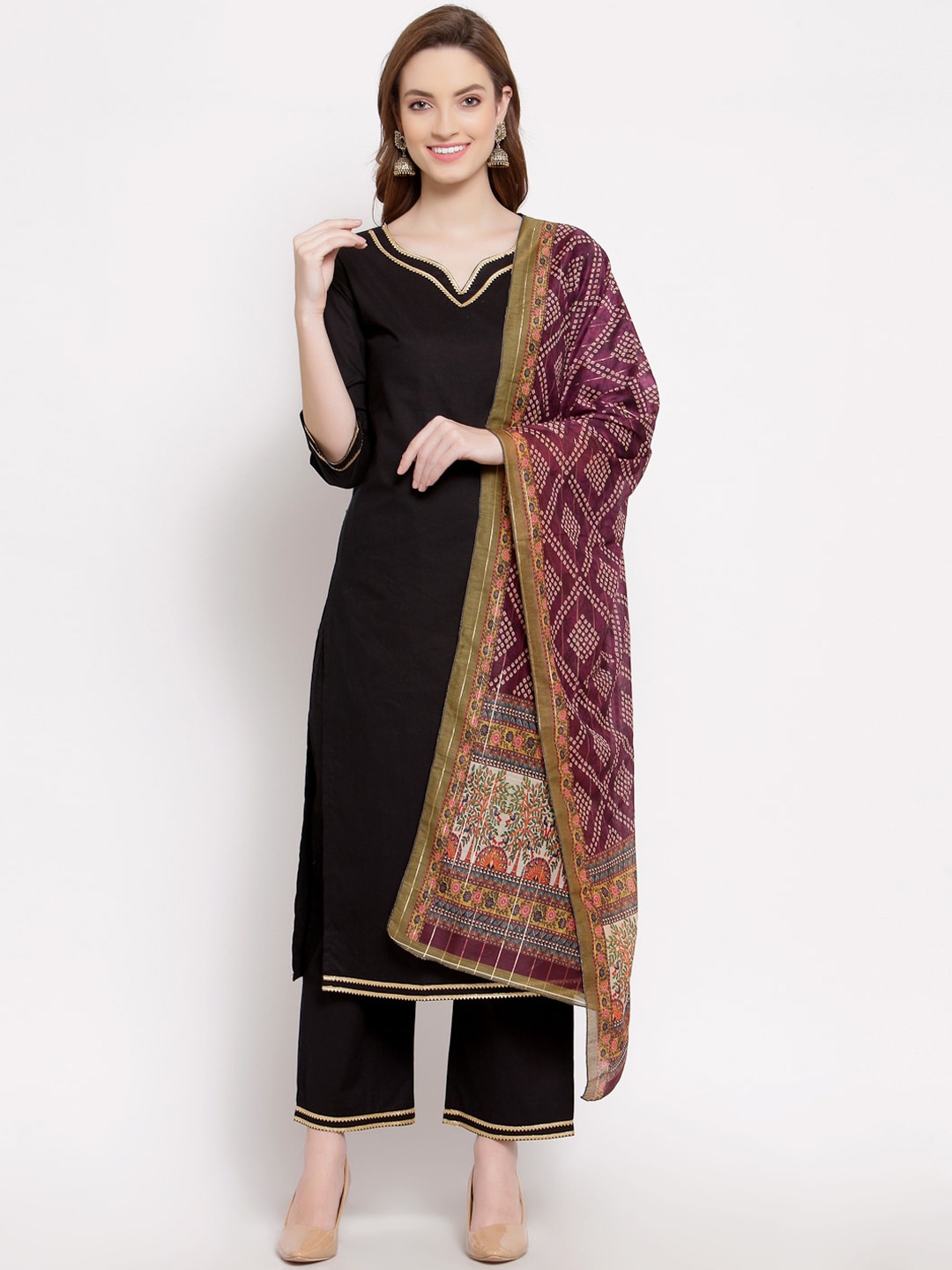 

Myshka Women Black Regular Pure Cotton Kurta with Trousers & With Dupatta